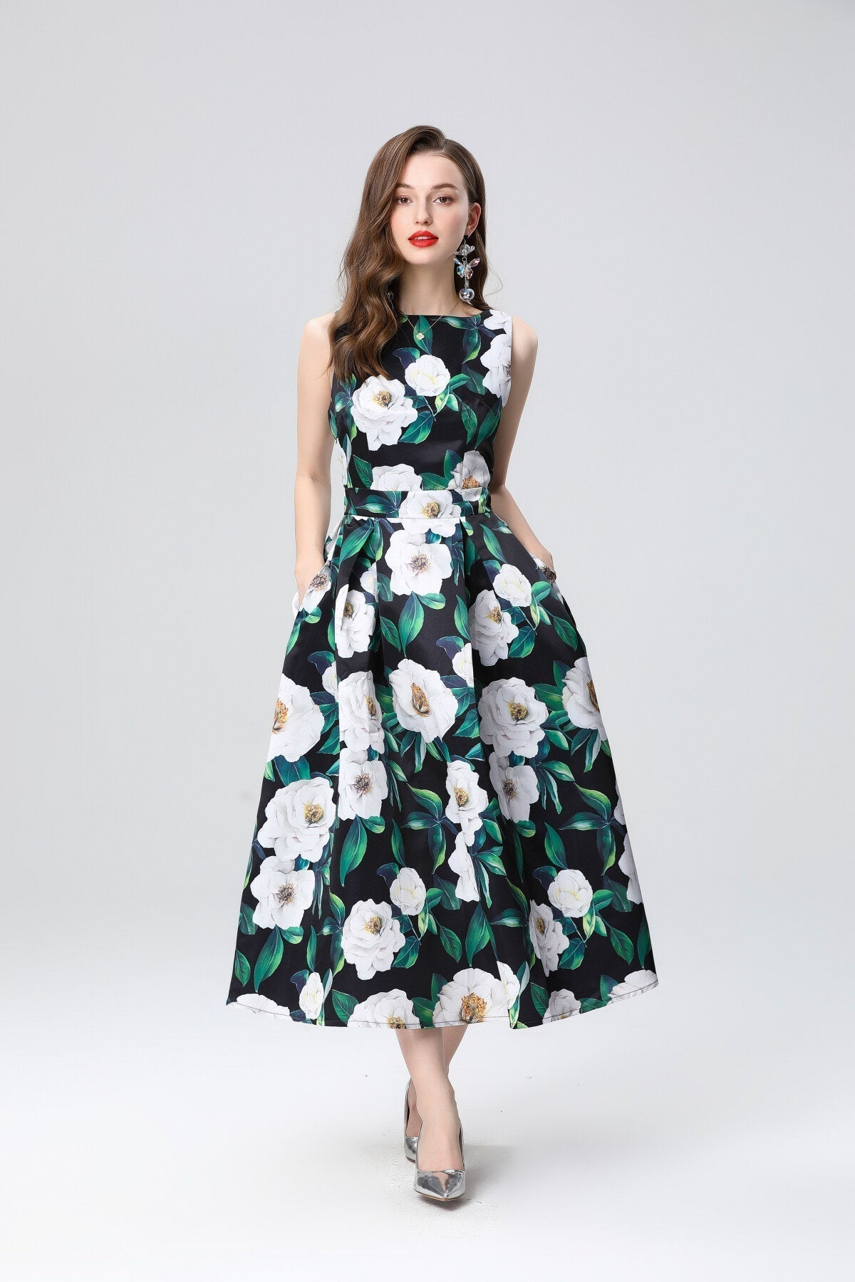 Garden Floral Structured Sleeveless High Waisted A Line Dress-5