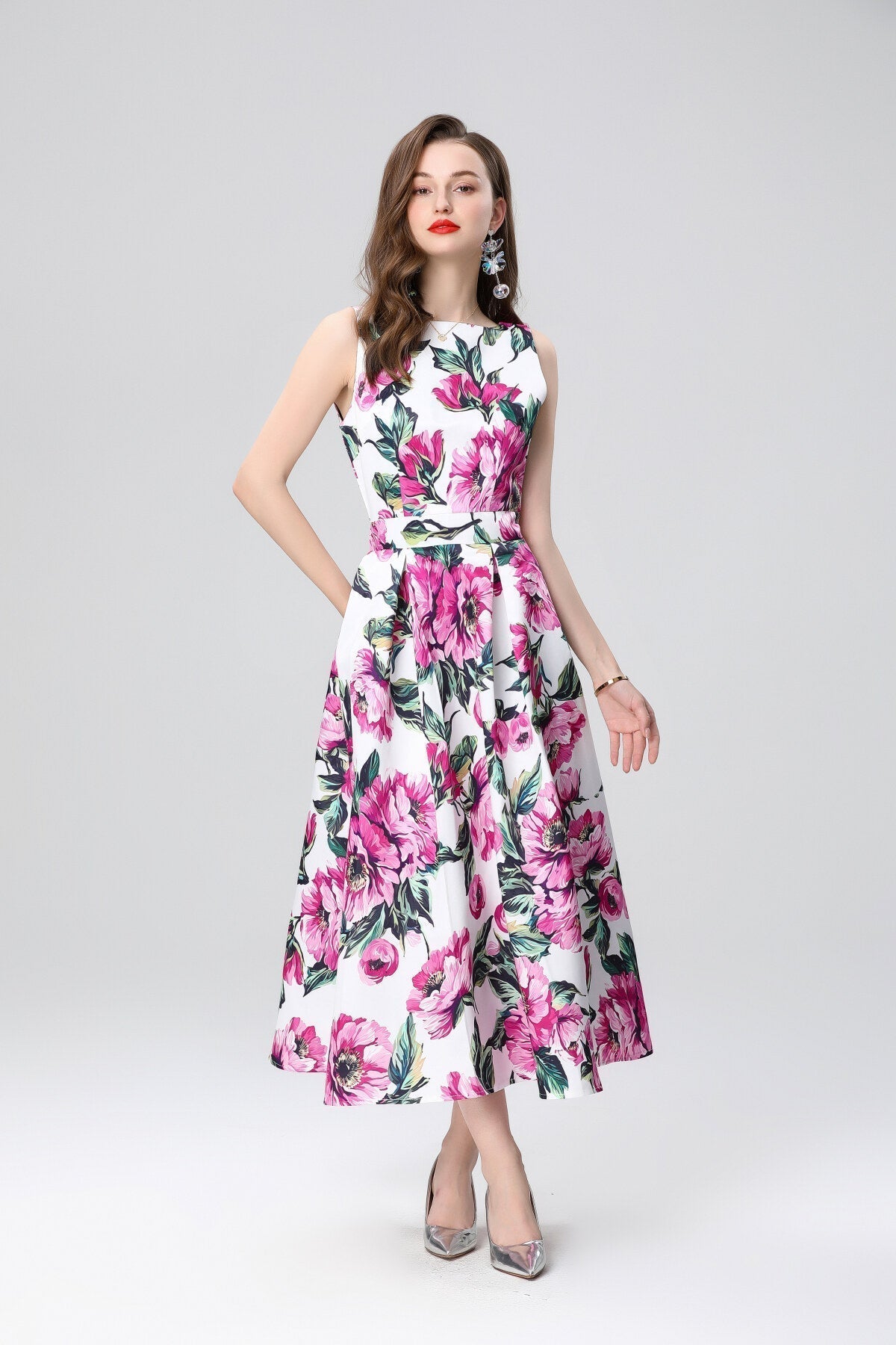 Garden Floral Structured Sleeveless High Waisted A Line Dress-8