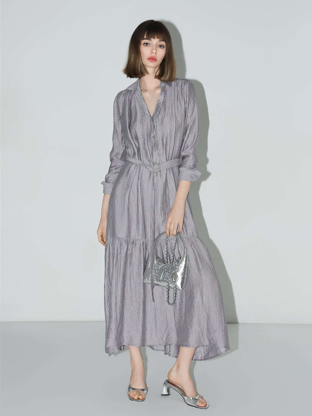 Glam Purple Pleated Long-Sleeve Shirt Dress-1