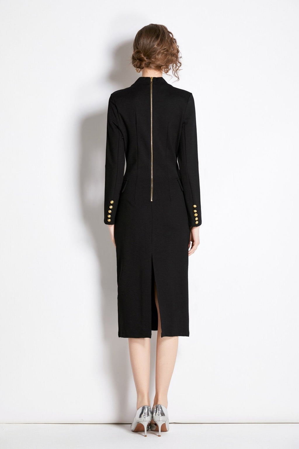 Gold Double Breasted Black Midi Blazer Dress-3