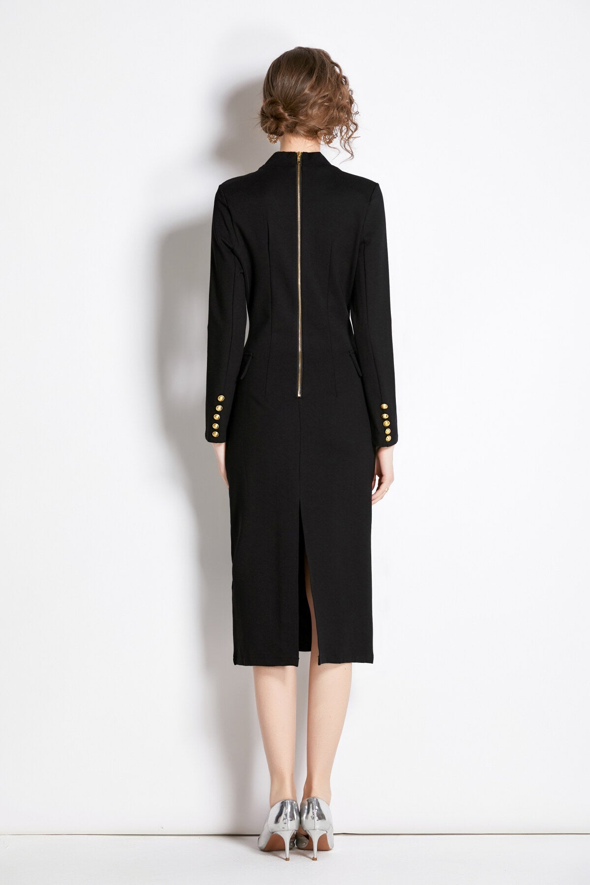 Gold Double Breasted Black Midi Blazer Dress