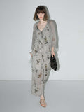 Grey Bamboo Foliage Asymmetrical Wrap Dress-0