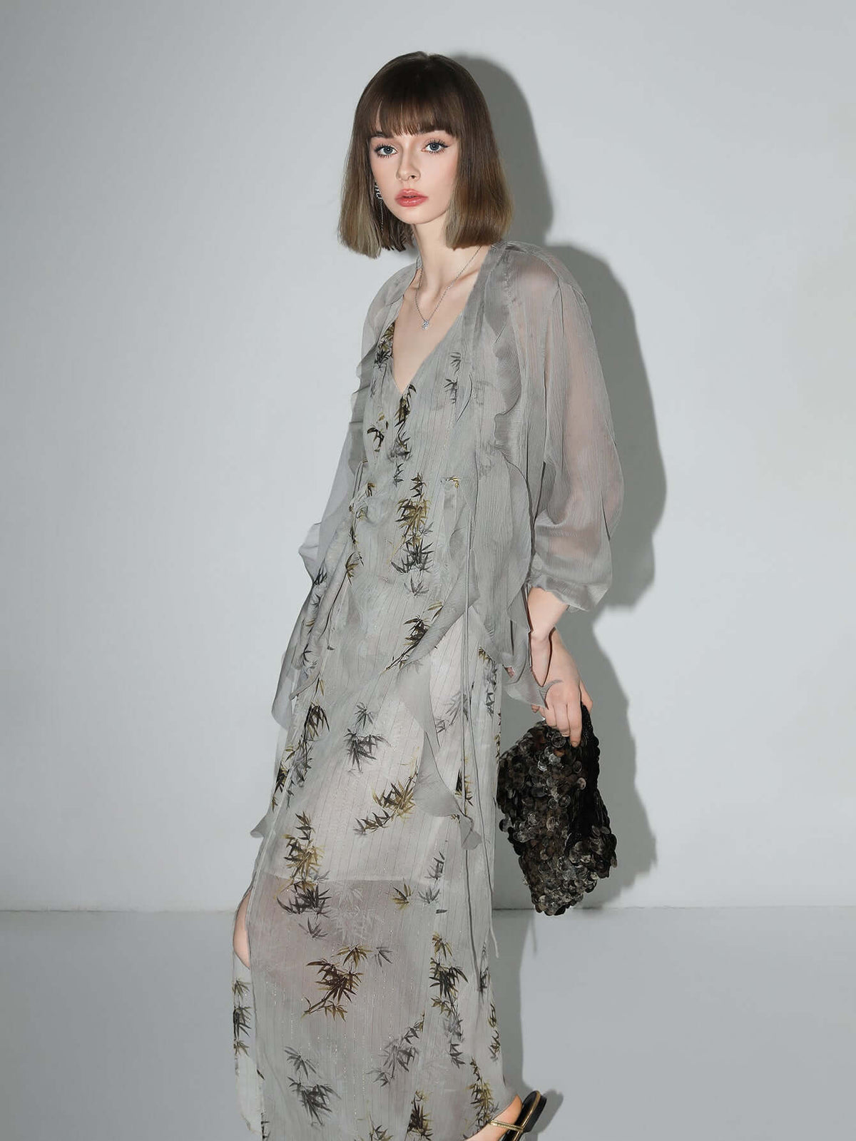 Grey Bamboo Foliage Asymmetrical Wrap Dress