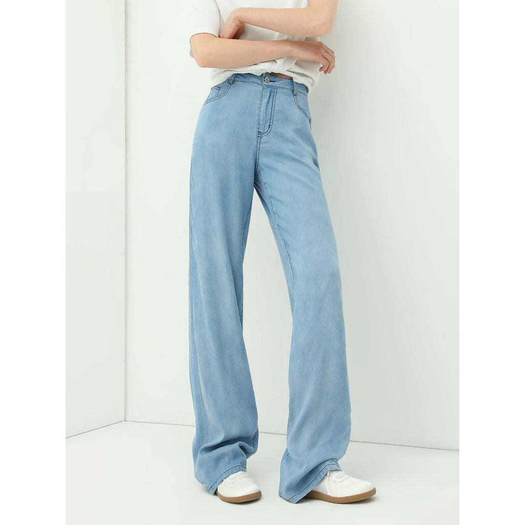 High Waist Draped Straight Leg Blue Jeans-2