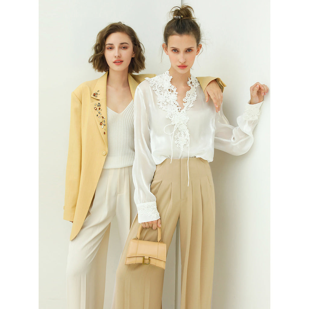 High Waist Pleated Wide Leg Beige Pants