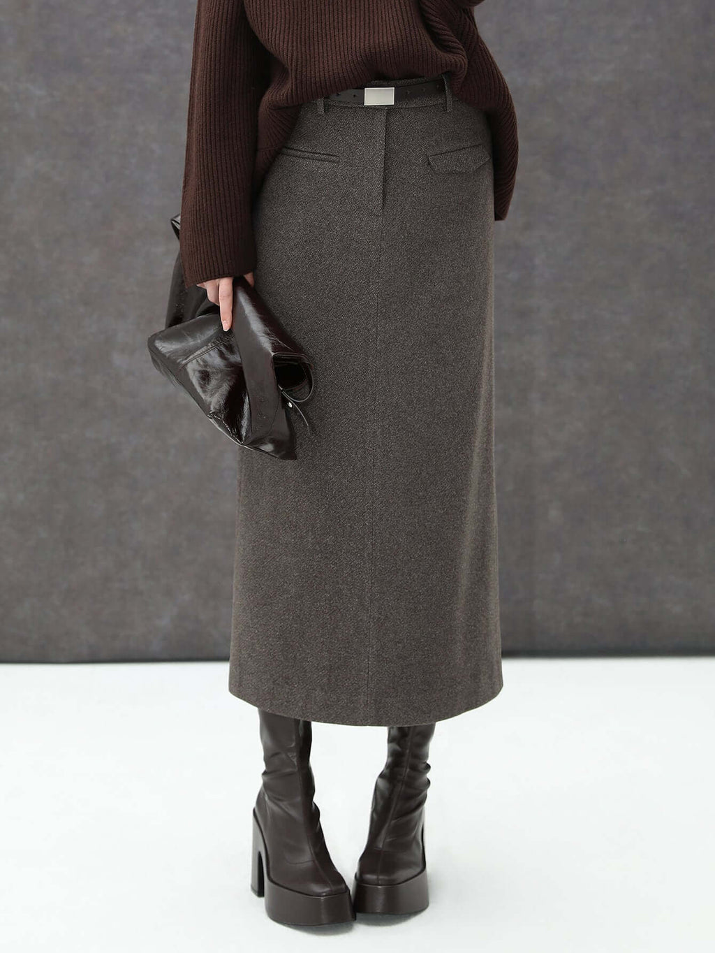 High-waisted Modern Charcoal Midi Skirt for Winter-2