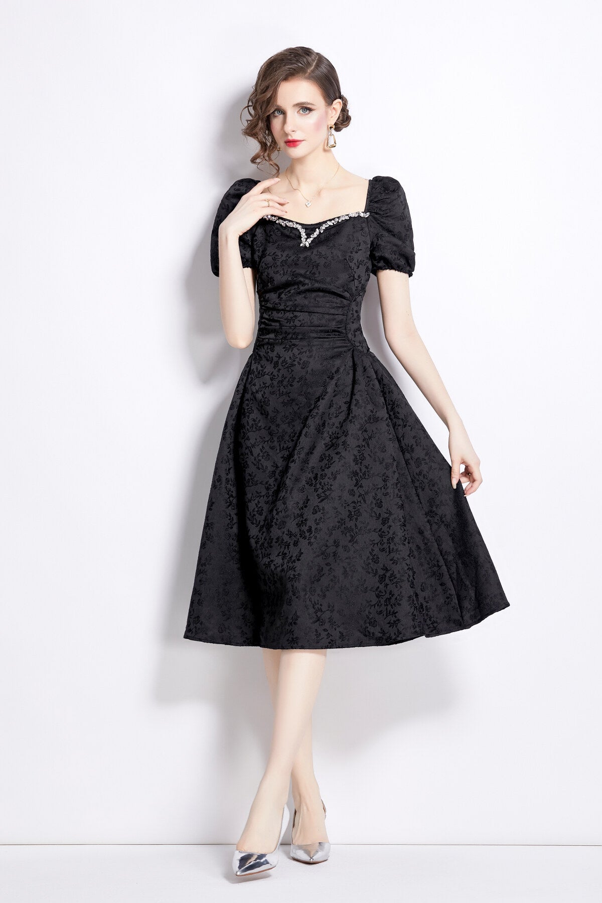 Jacquard Hand Beaded Square Neck Puff Sleeve Midi Dress-2