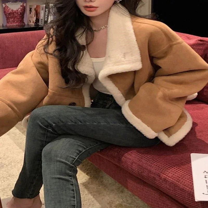 Loose Fit Lapel Collar Stitching Thickening Jacket For Women