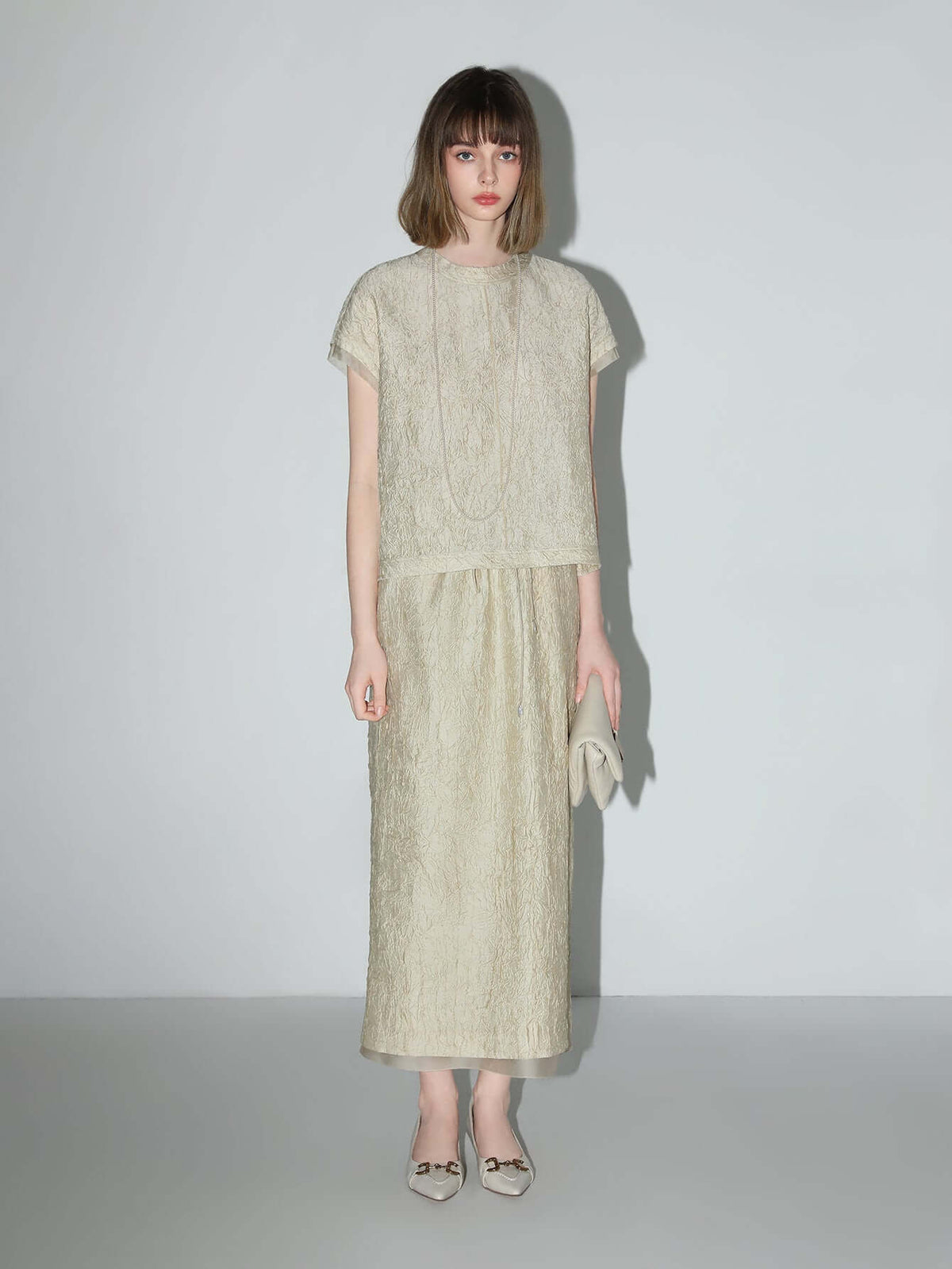Luxe Contrast Champagne Silk Textured Satin Midi Skirt