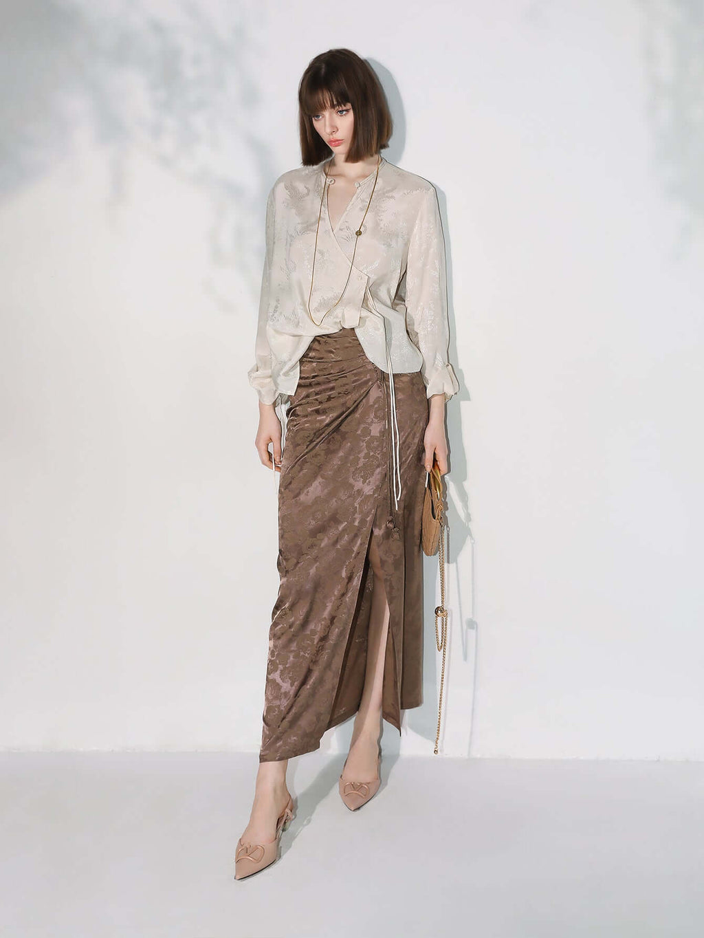 Luxurious Jacquard Draping Brown Silk Satin Skirt-1