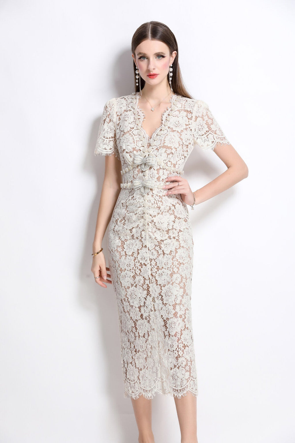 Magnolia White Double Layer Lace Cut Out Pencil Dress