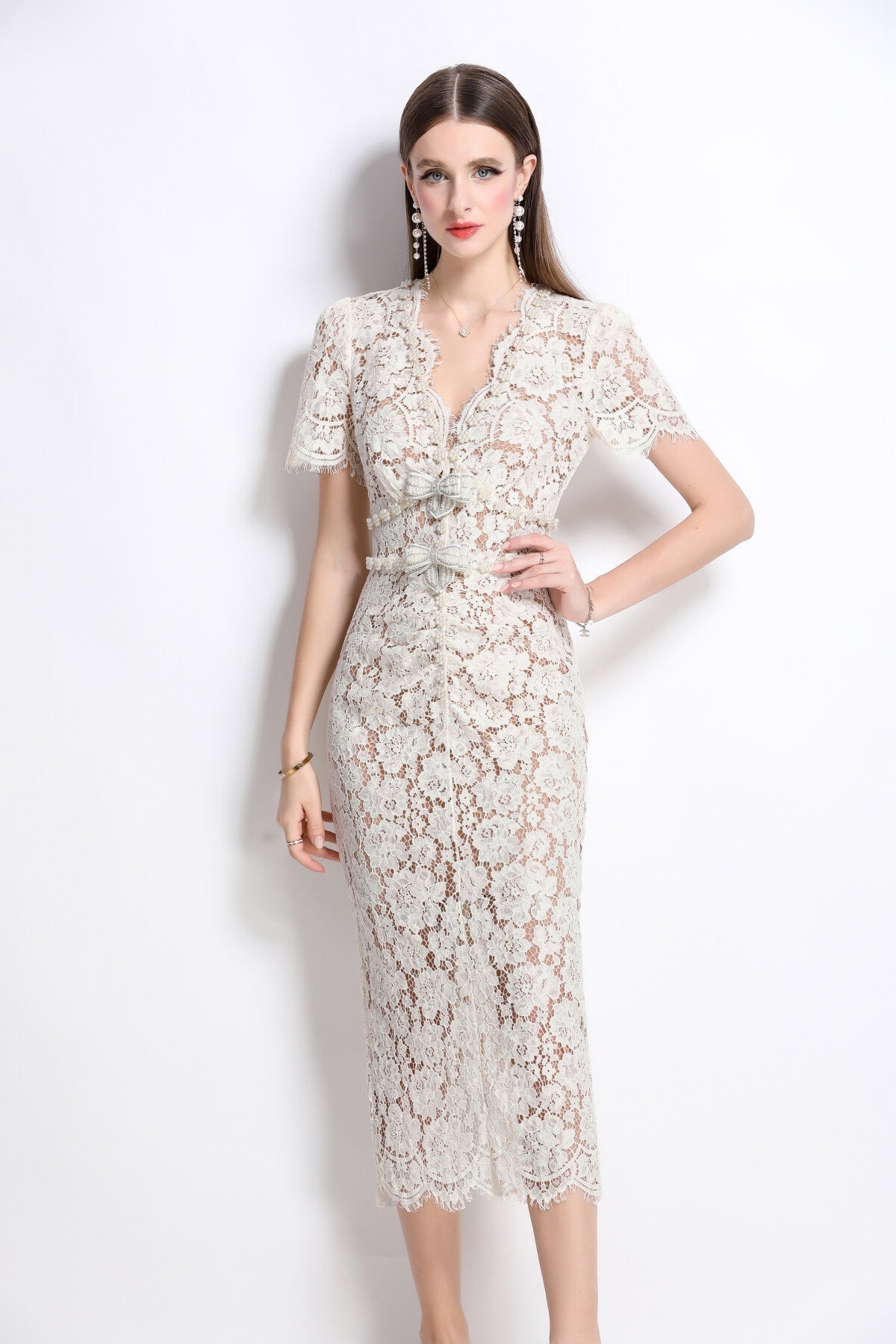Magnolia White Double Layer Lace Cut Out Pencil Dress