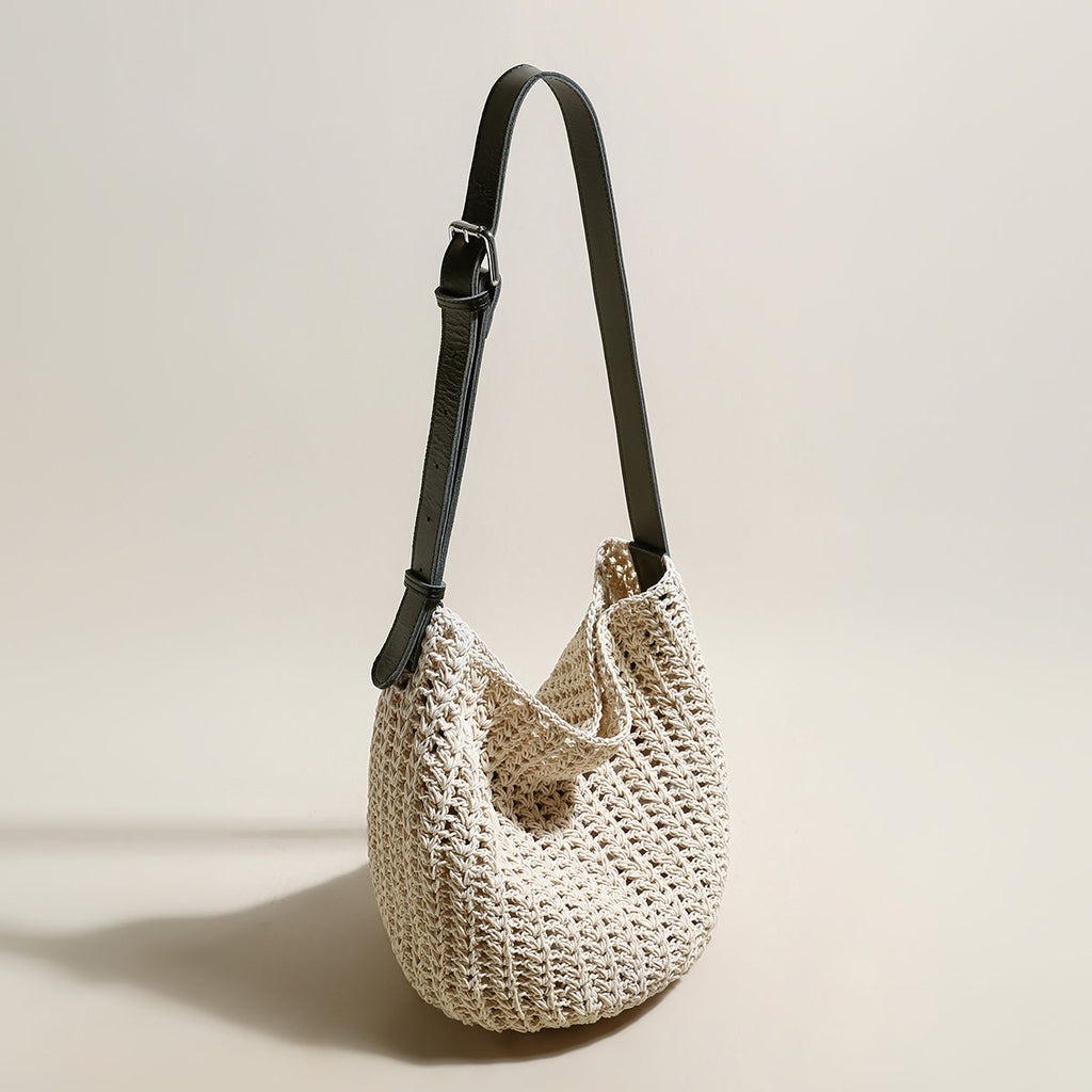 Medium White Beach Tote Bag with Blue Leather Straps-1