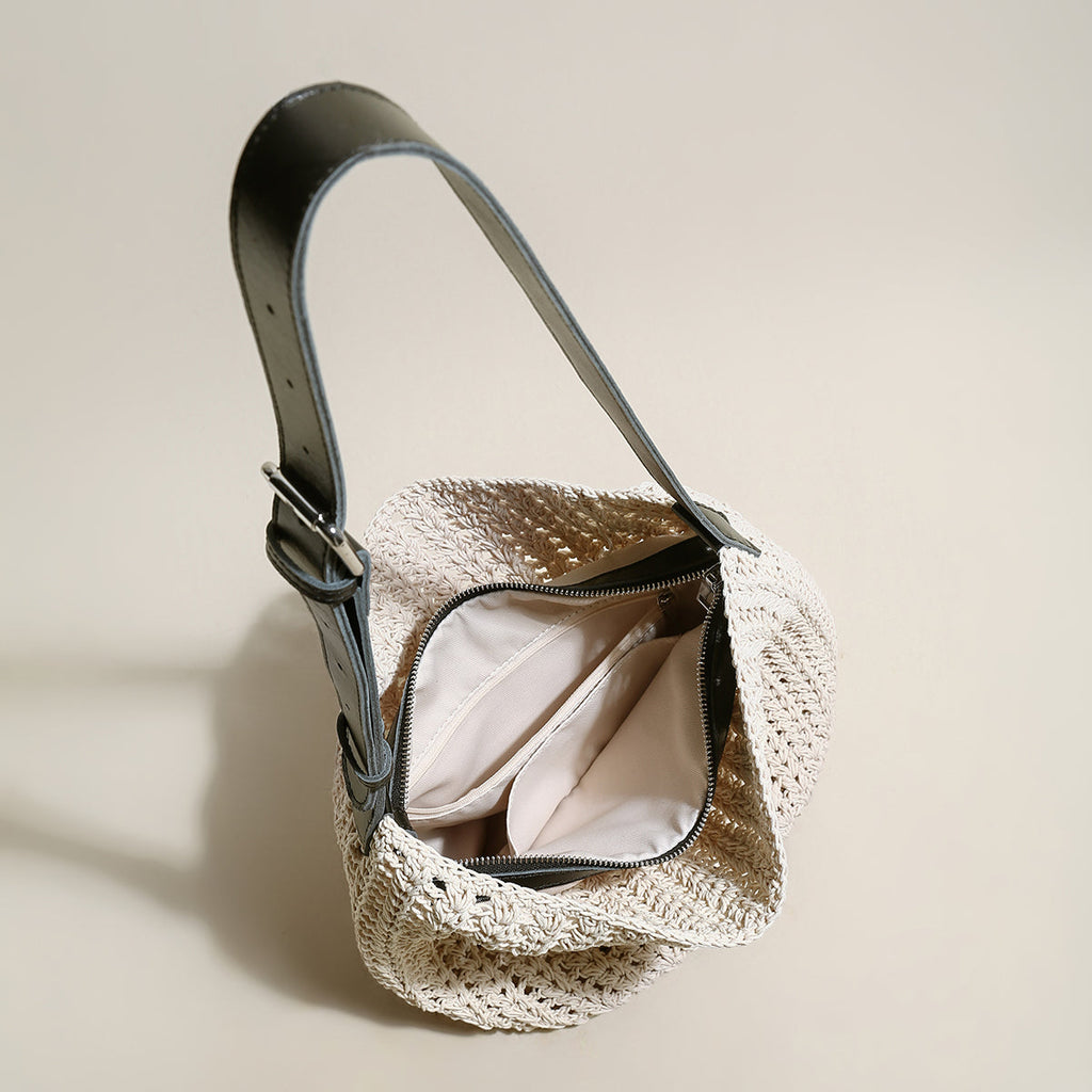 Medium White Beach Tote Bag with Blue Leather Straps-2