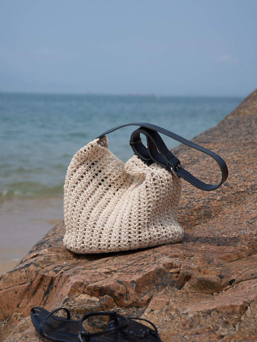 Medium White Beach Tote Bag with Blue Leather Straps-3