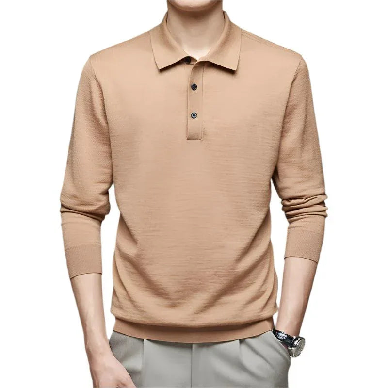 Men's Fine Knitted Long Sleeve Wool Polo Shirt