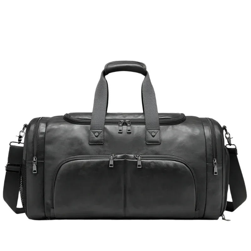Men's Leather Business Travel Duffle Weekend Bag With Attachable Shoulder Strap