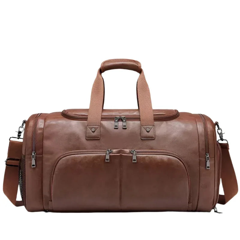 Men's Leather Business Travel Duffle Weekend Bag With Attachable Shoulder Strap