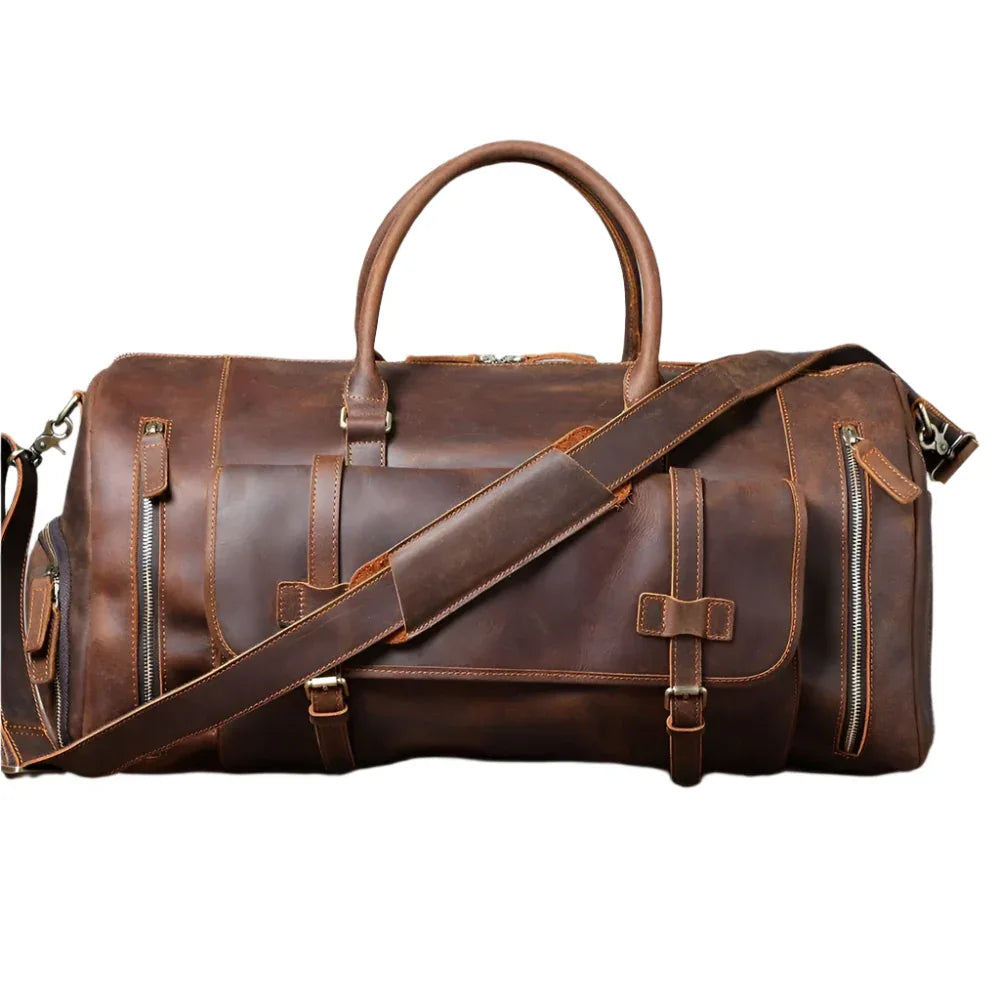 Men's Retro Shoulder Bag Genuine Cowhide Leather Duffle Weekend Bag