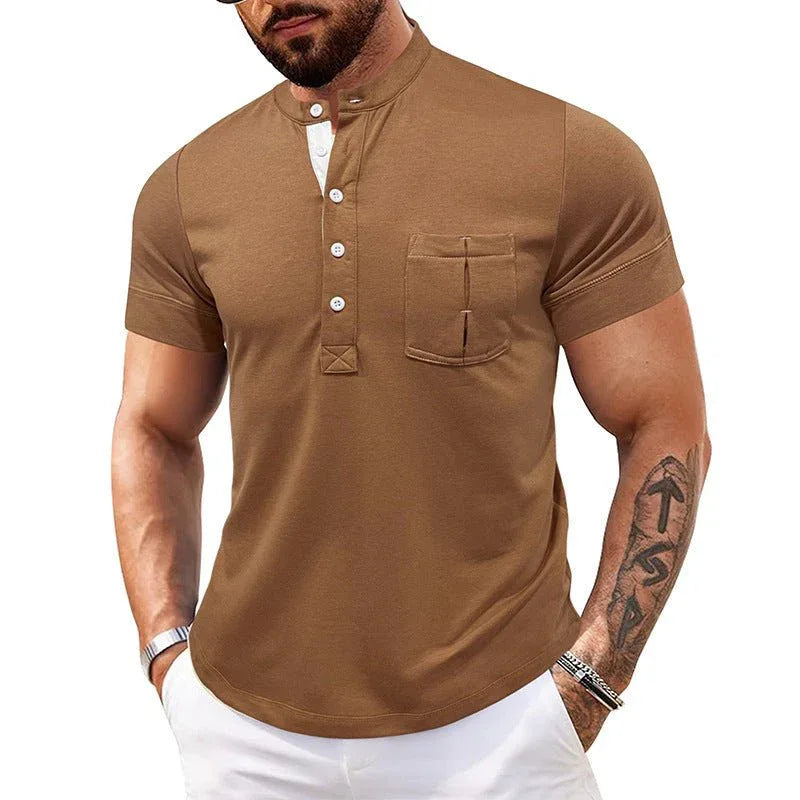 Men's Round Neck Short Sleeve Chest Pocket Polo Shirt