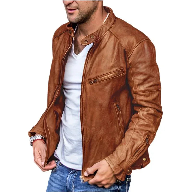 Men's Winter & Autumn PU Leather Jacket With Standing Collar