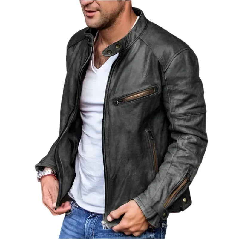 Men's Winter & Autumn PU Leather Jacket With Standing Collar