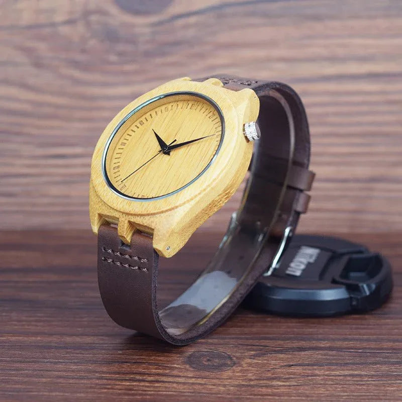 Men's Wood Watch With Leather Strap & Stainless Steel Buckle