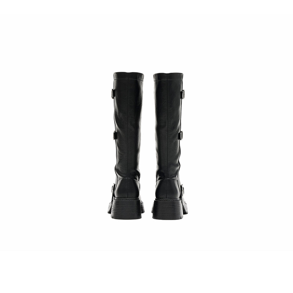 Mid-Calf Leather Boots with Buckles-2