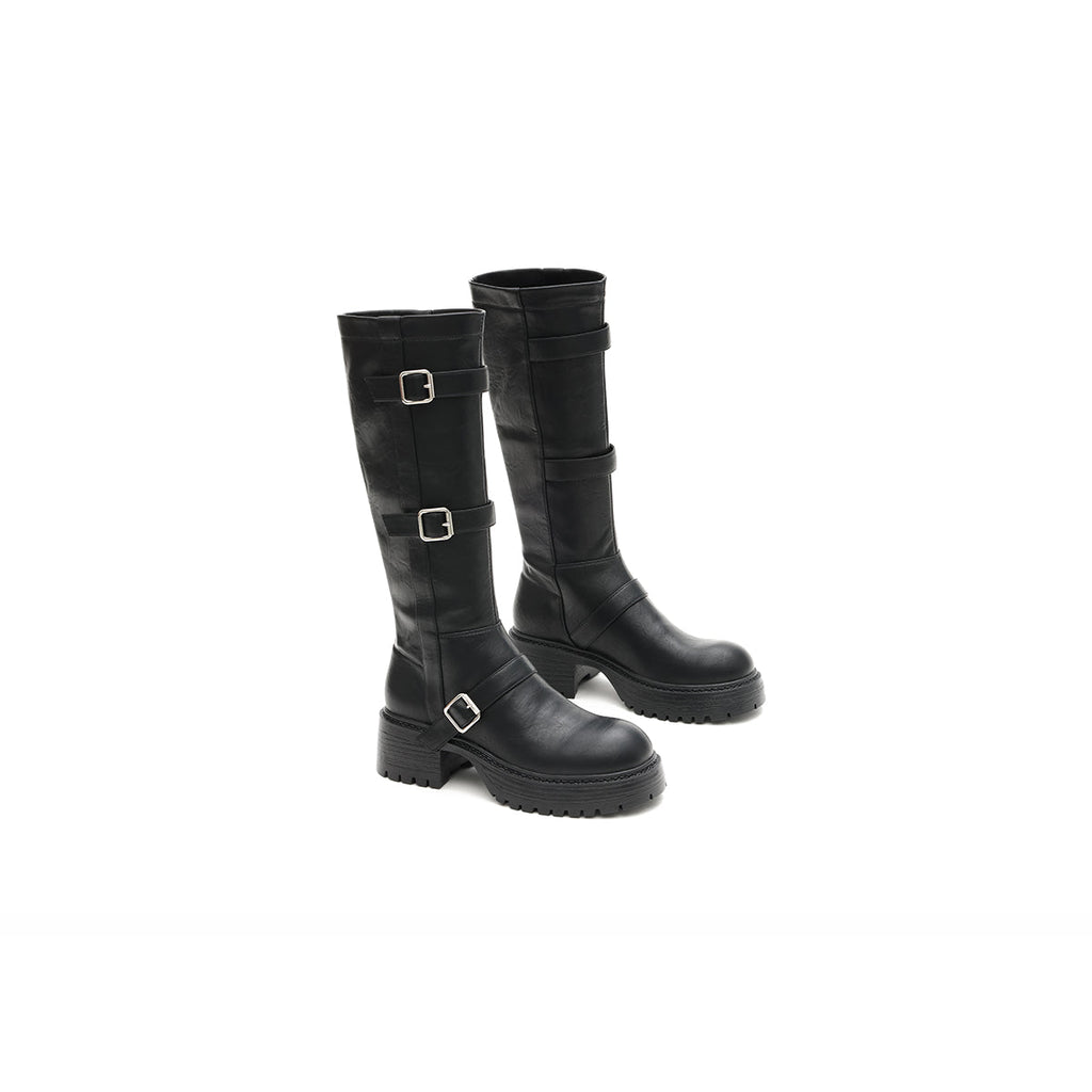 Mid-Calf Leather Boots with Buckles-4