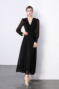 Midnight Black Long Sleeve Ruched Waist V Neck Maxi Dress-0