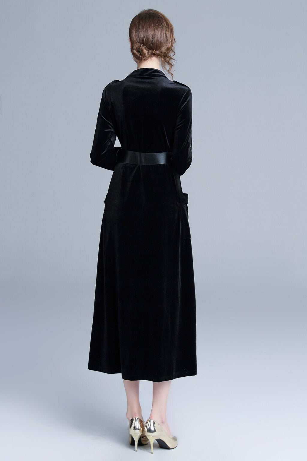 Midnight Black Velvet Long Sleeve Belted Midi Dress-3