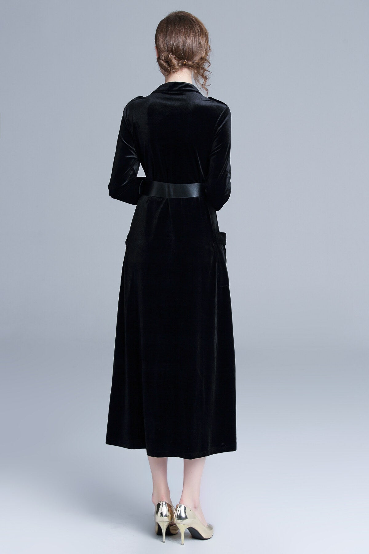Midnight Black Velvet Long Sleeve Belted Midi Dress-3