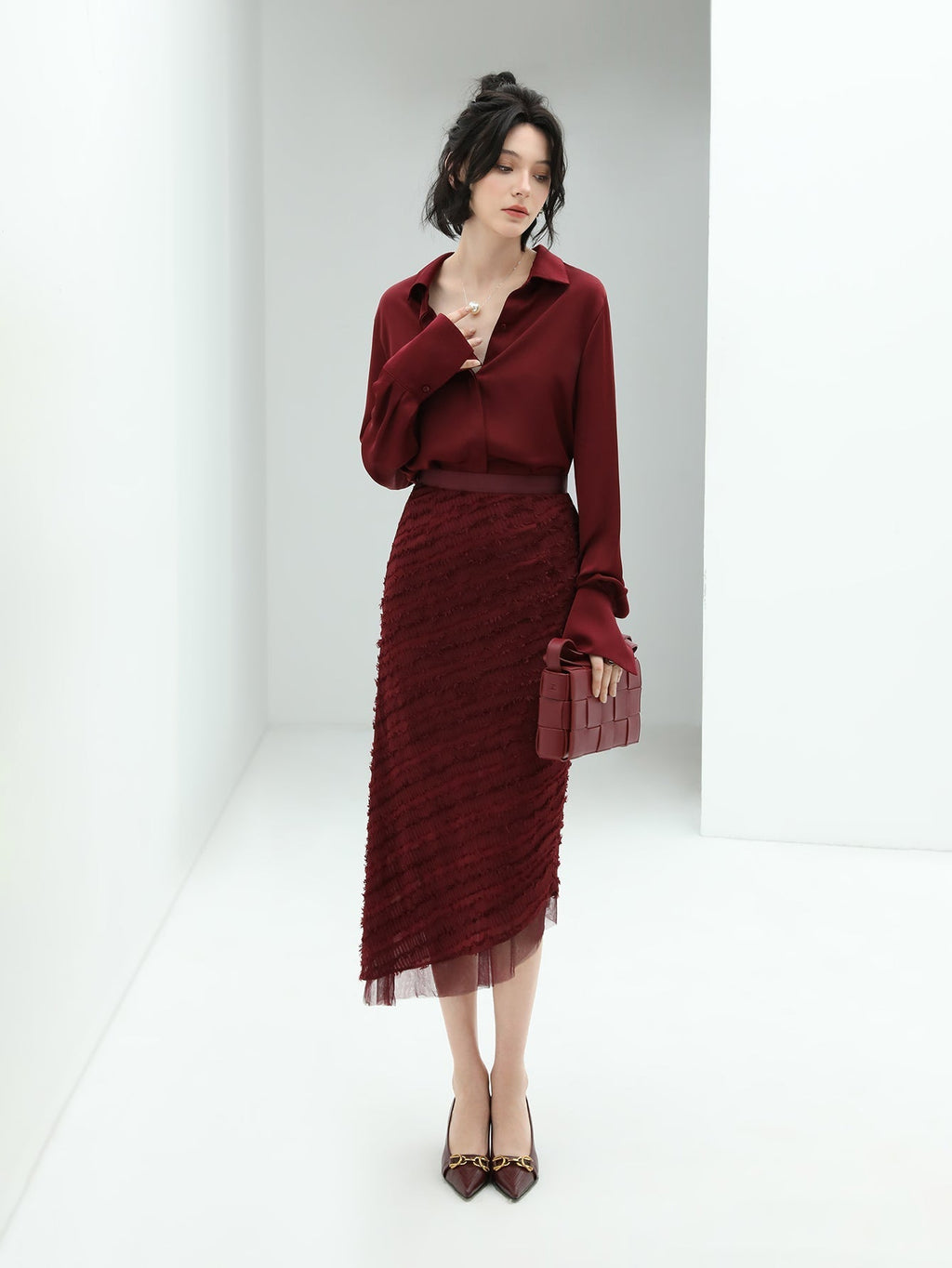 Minimalist Glossy Burgundy Wine Button Down Shirt-0