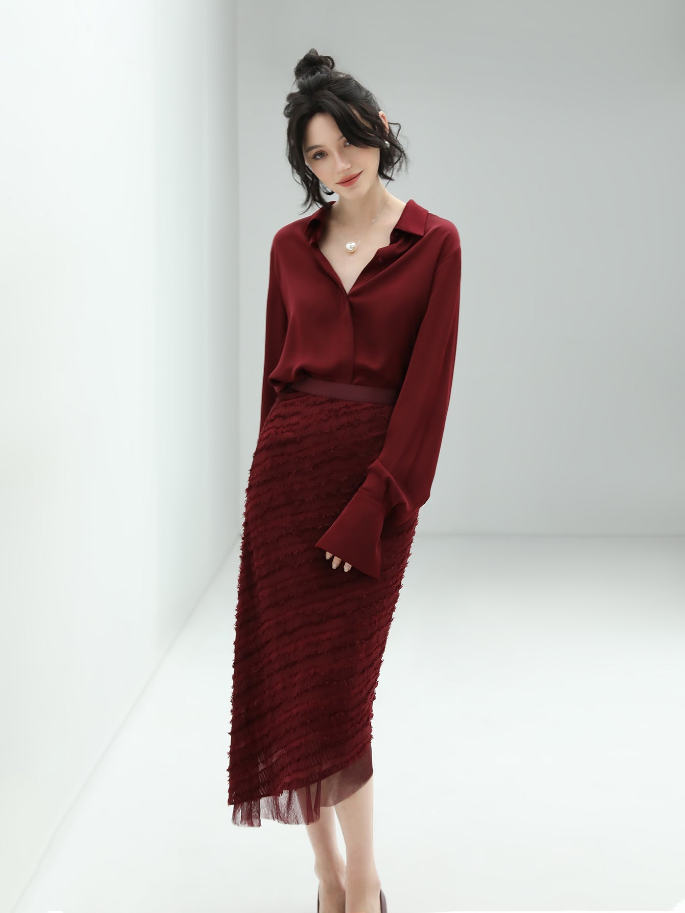 Minimalist Glossy Burgundy Wine Button Down Shirt-2