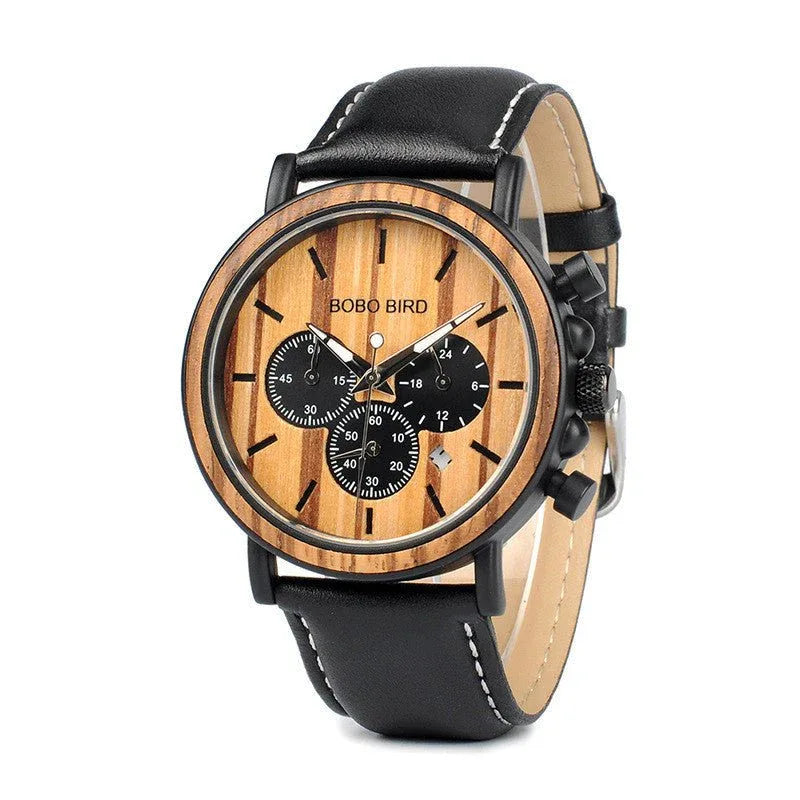 Multifunctional 10M Waterproof Men's Wooden Watch With Three Subdials
