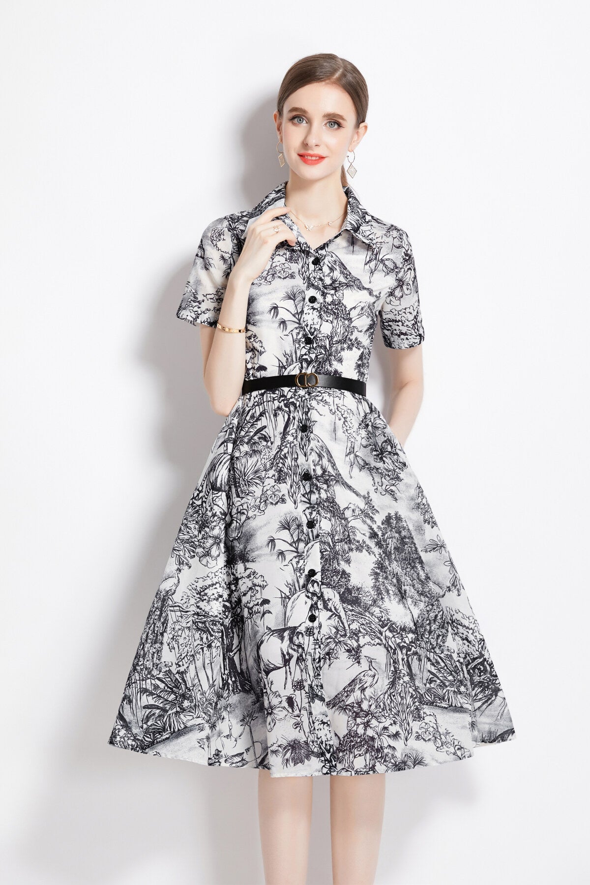 Natural Forest Waist Cinching Flared Work Shirt Dress