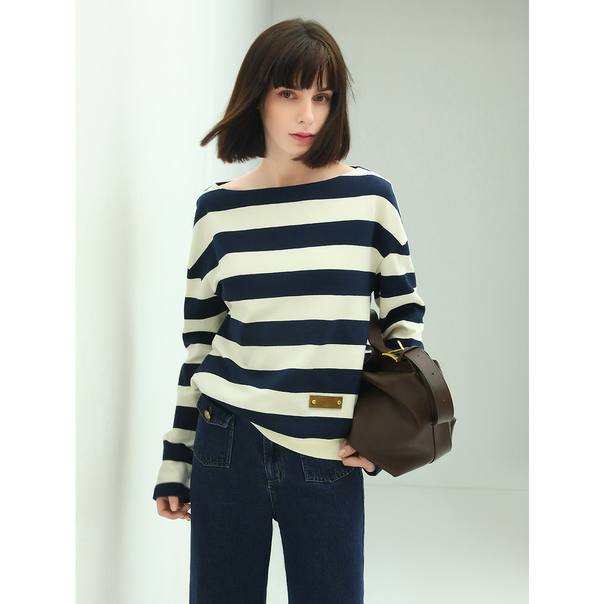 Nautical Boat Neck Long Sleeved Striped Knitted Tee-2