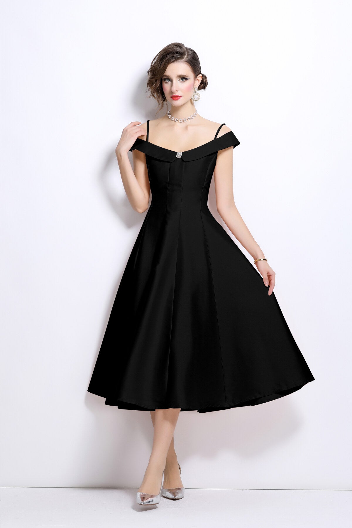 Off Shoulder Sweetheart Neckline Calf Length Dress