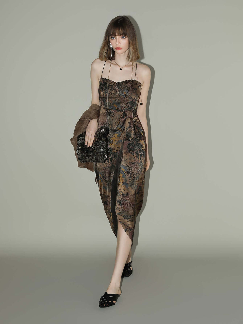 Oriental Gold Ruched Satin Print Slip Dress-0