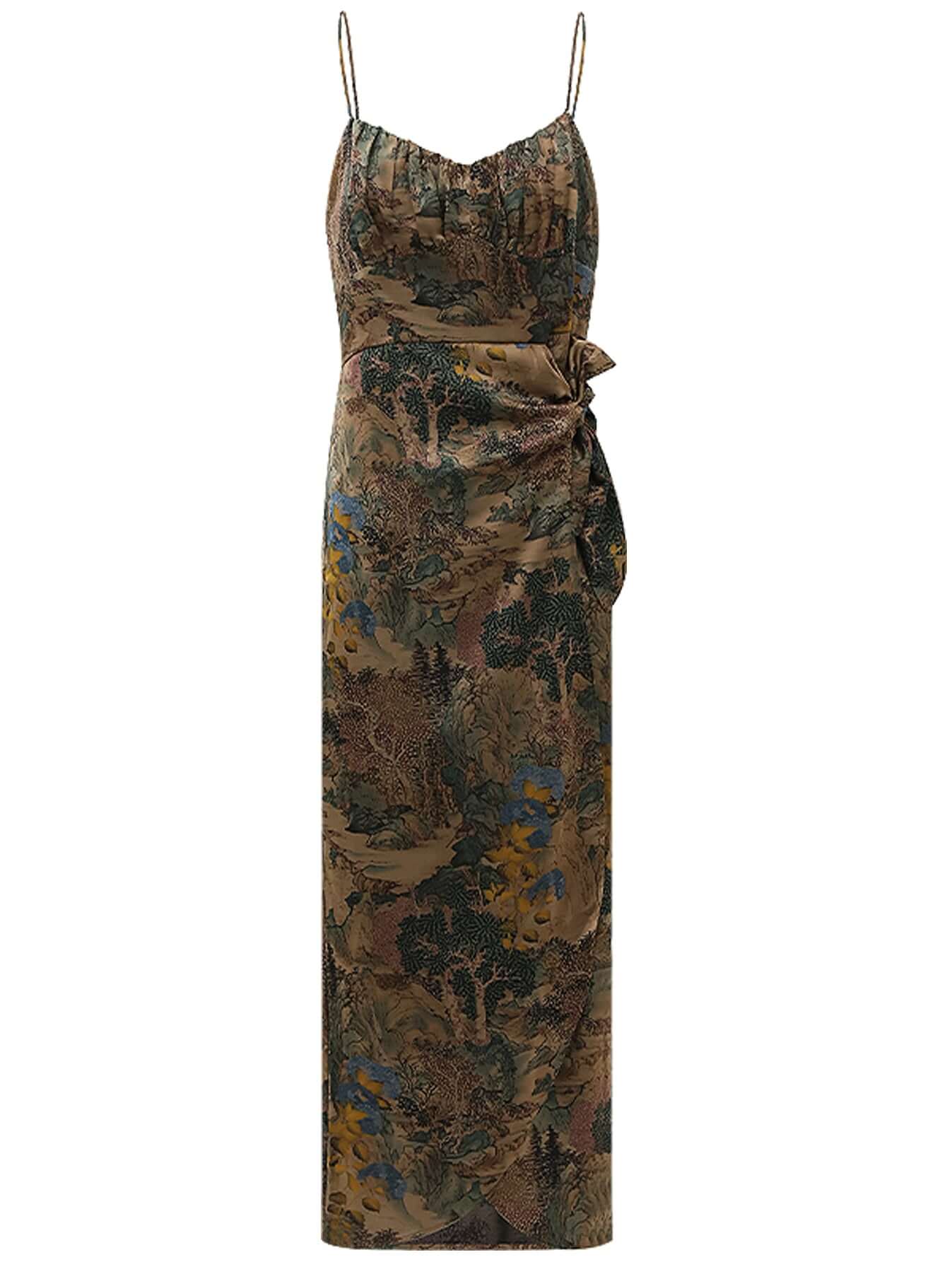 Oriental Gold Ruched Satin Print Slip Dress