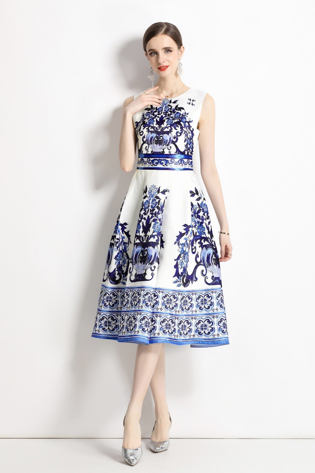 Oriental Printed Slim Fit Midi Dress-0