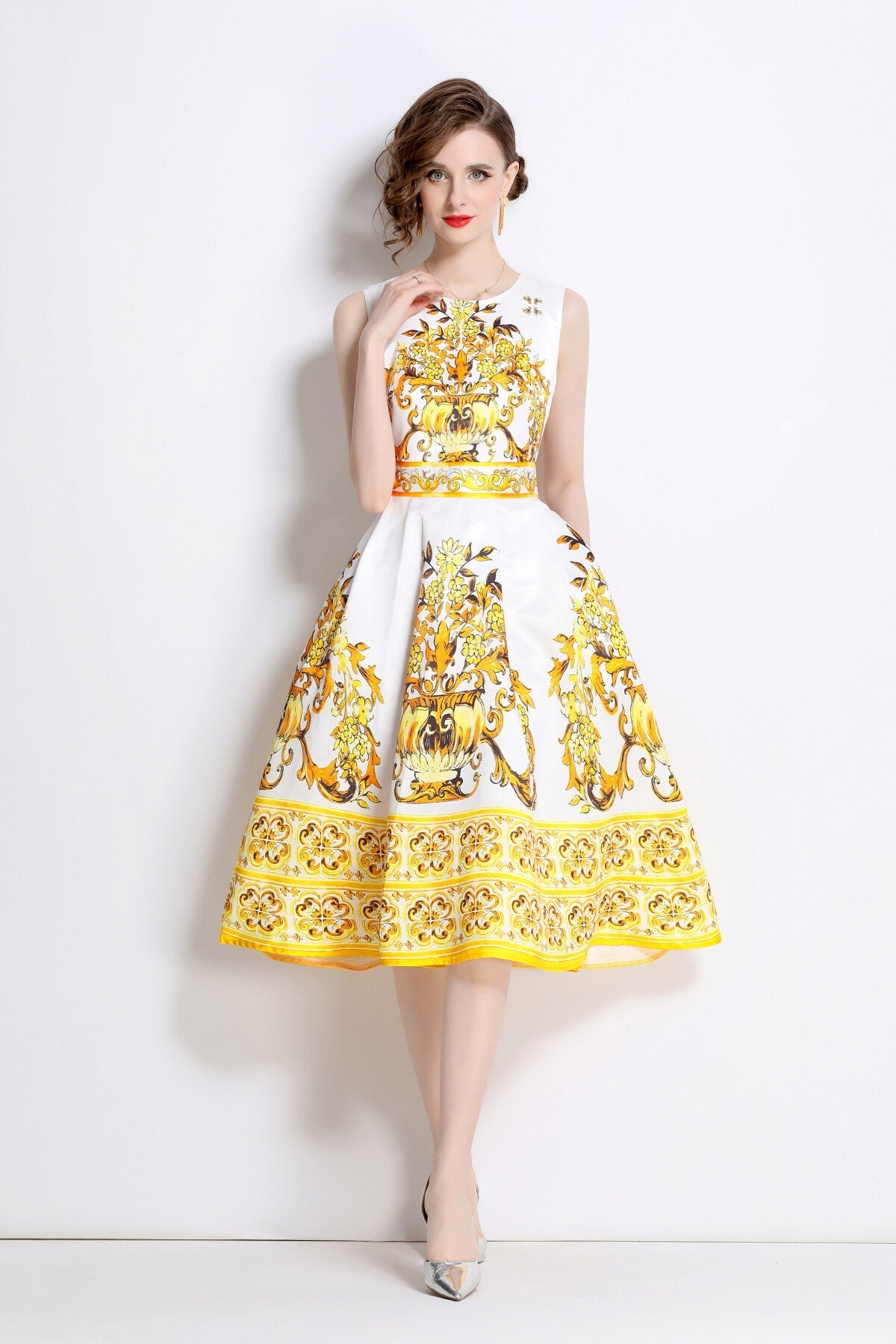 Oriental Printed Slim Fit Midi Dress