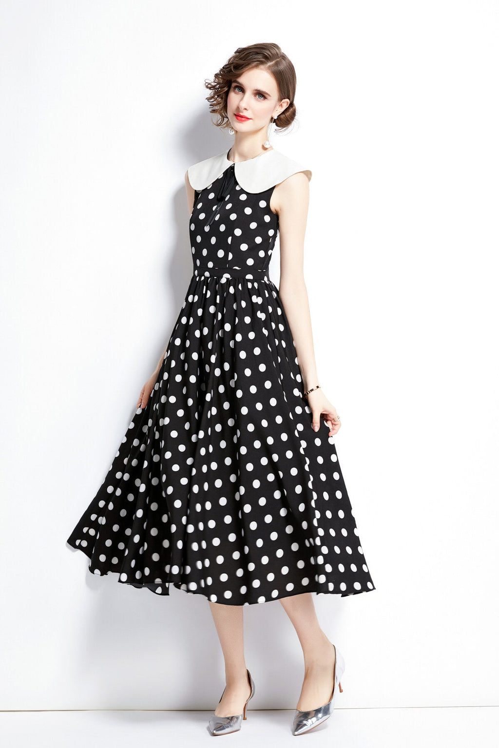 Peter Pan Collar Vintage Polka Dot Midi Dress-1