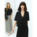 Petite Cropped Black Blazer with Gold Button Embellishments-0