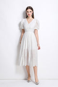 Plunging Neckline Lantern Sleeve Flowy White Maxi Dress-0