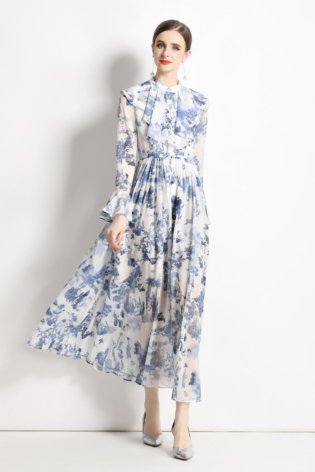 Porcelain Blue Floral Slim Fit Long Sleeve Shirt Dress-1