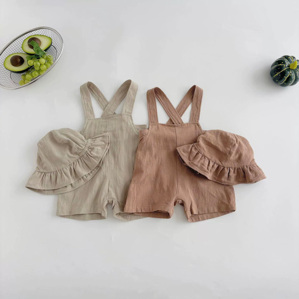 Summer Hot Selling Baby Kids Unisex Sleeveless Simple Plain Strap Rompers Overalls and White T-Shirt Clothing Set