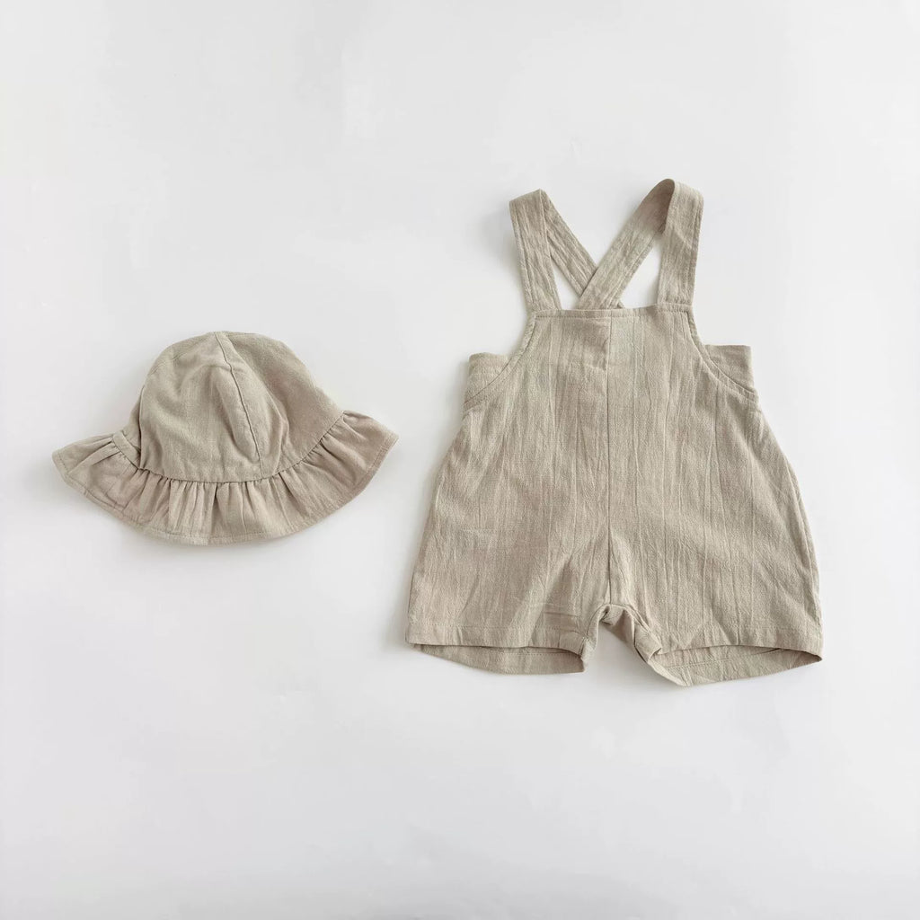 Summer Hot Selling Baby Kids Unisex Sleeveless Simple Plain Strap Rompers Overalls and White T-Shirt Clothing Set