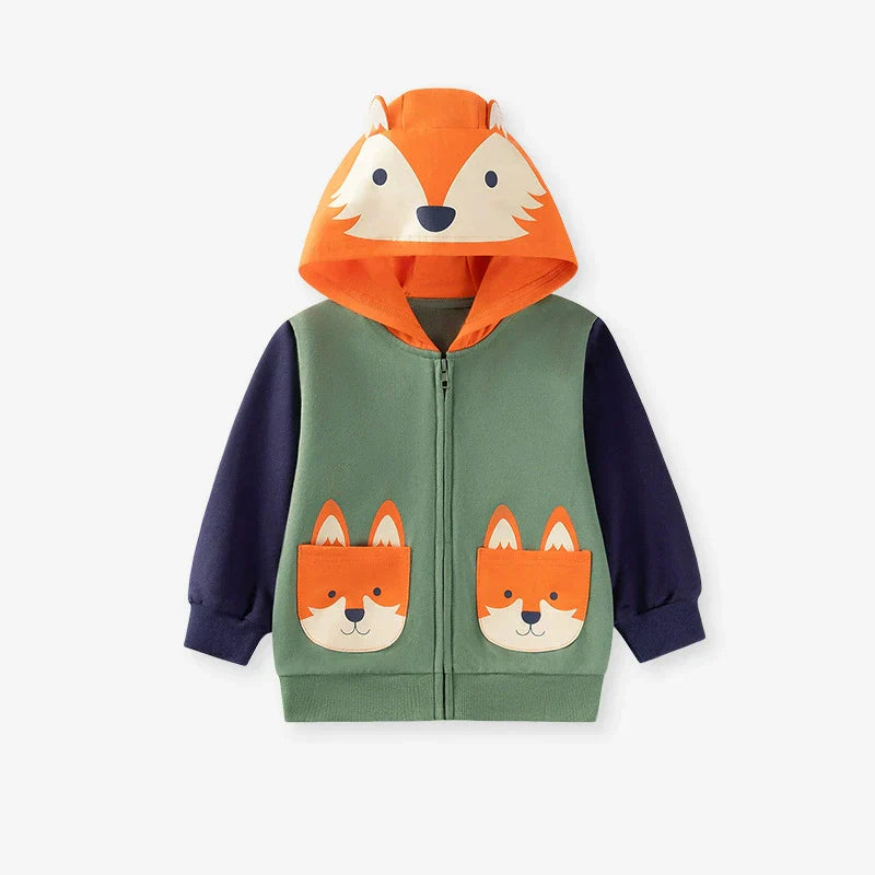Winter and Autumn Boys Animals Cartoon Pattern Long Sleeves Zip-up Hooded Coat