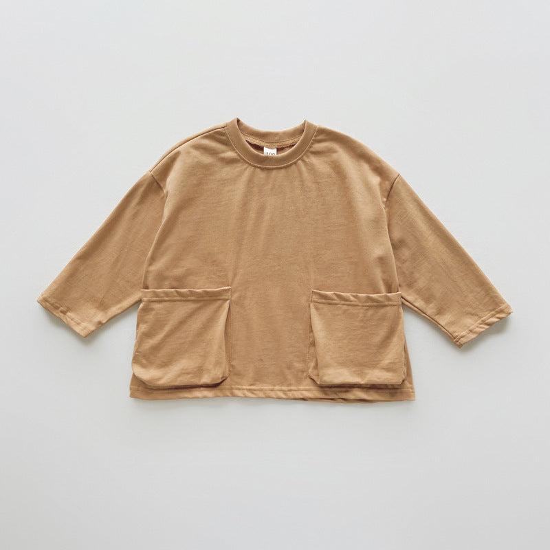 Autumn Arrival Baby Kids Unisex Comfortable Solid Color Pocketed Long Sleeves Top